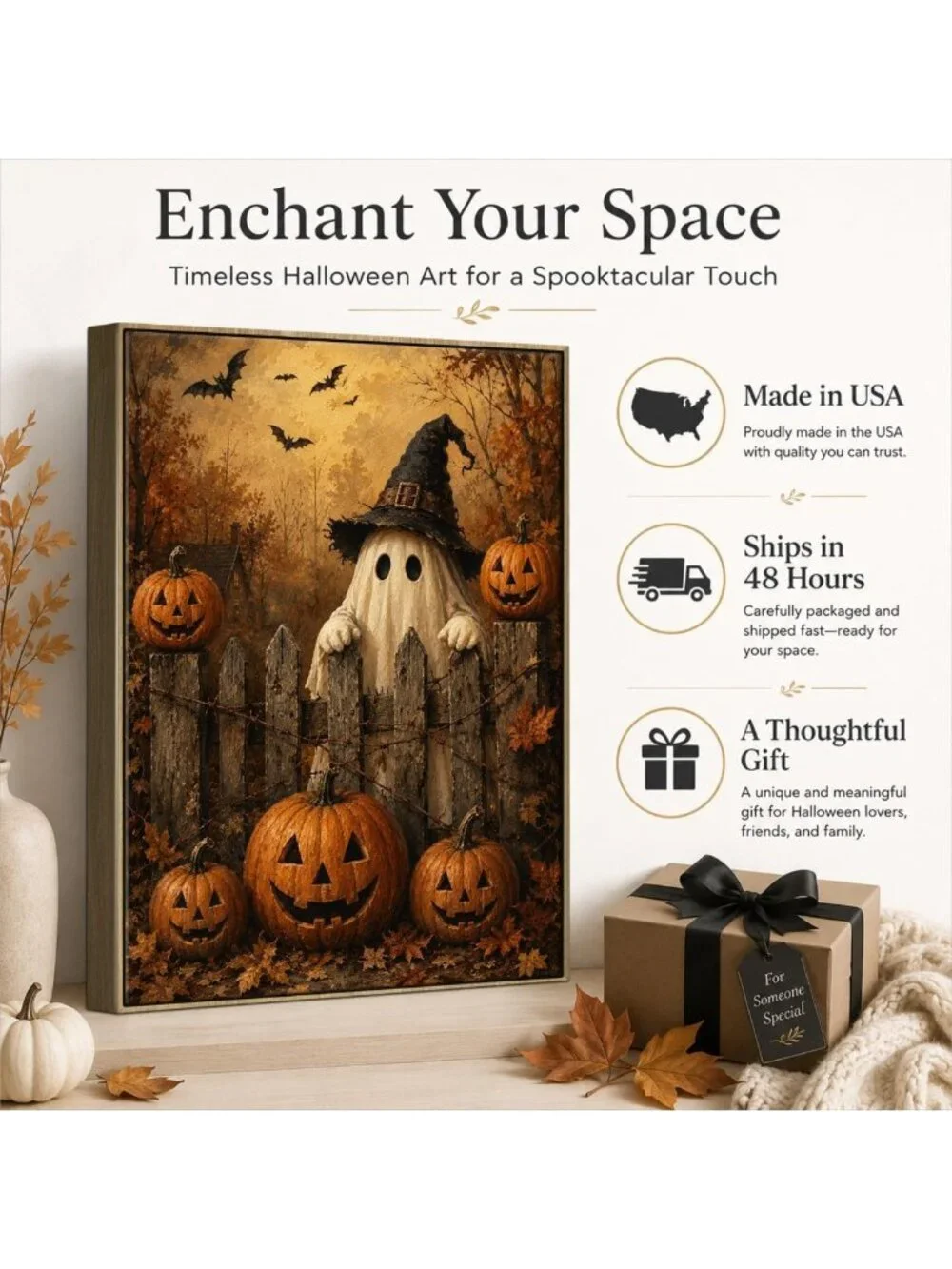 Cute Ghost & Pumpkin Halloween Framed Wall Art | Spooky Decor for Home